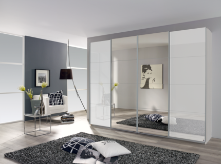 Dulap cu usi glisante SYNCRONO 271x230x62cm alb alpin/ sticla alba - oglinda configurabil