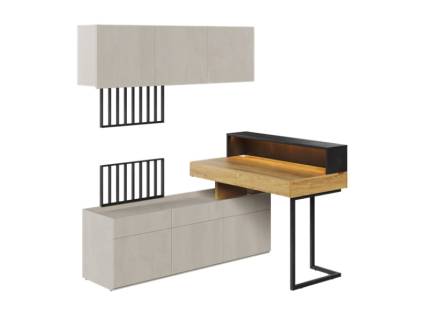 Set birou cu corp suspendat TEEN FLEX 07 150x110x193cm pe colt stanga/ dreapta cu suport pentru suspendat TV, comoda, sistem de iluminare LED