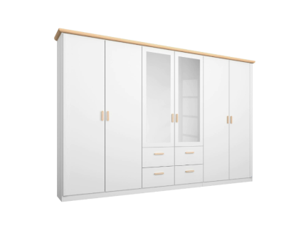 Dulap cu 6 usi cu balamale si 4 sertare KOLDING 277x214x57cm alb alpin/ oglinda, manere si decor frasin Coimbra