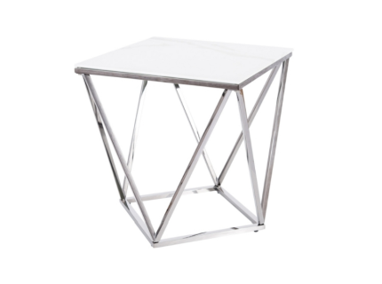 Masuta SILVER B II din sticla cu efect de marmura alba, metal crom 50x50xH53cm
