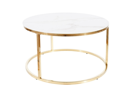 Masuta SABINE din sticla cu efect de marmura alba, metal auriu 80xH45cm