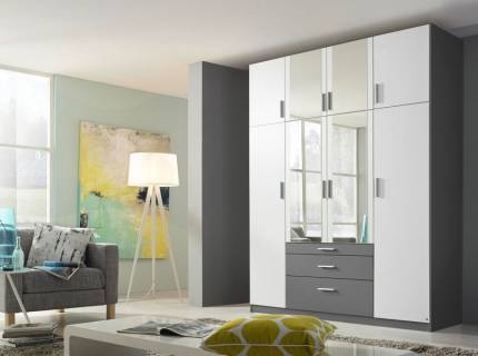 Dulap cu 8 usi cu balamale si 3 sertare HILDESHEIM EXTRA 181x229x54cm alb alpin/ gri metalic - oglinda 