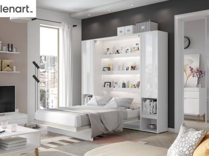 LENART BED CONCEPT set pat (160x200cm) rabatabil pe perete cu 2 dulapuri 261x45-228x218cm alb lucios