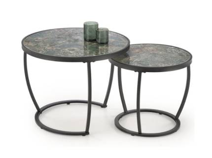 Set 2 masute INES GREEN din otel sinterizat cu efect de marmura verde, metal negru 50xH43cm / 62xH47cm