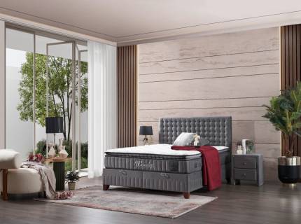 Pat tapitat cu saltea si spatiu pentru depozitare WOOLY (160x200cm) grey