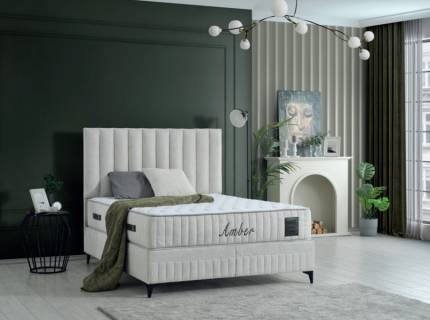 Pat tapitat cu saltea si spatiu pentru depozitare AMBER (160x200cm) cream  