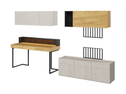 Set birou mare cu corpuri suspendate TEEN FLEX 09A 300x61x193cm cu suport pentru suspendat TV, comoda, sistem de iluminare LED 