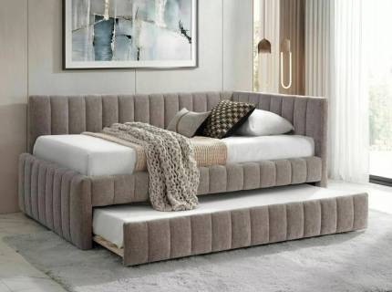 Pat tapitat cu somiera si pat suplimentar ALFIE RAVEN (120x200cm) material textil cappuccino