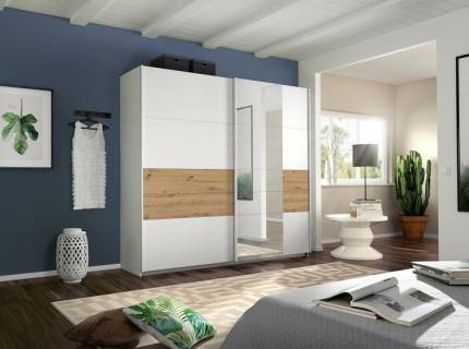 Dulap cu usi glisante BOSTON EXTRA 226x210x62cm alb alpin/ stejar Artisan - oglinda, maner aluminiu