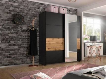 Dulap cu usi glisante BOSTON EXTRA 181x210x62cm gri metalic/ stejar - oglinda, maner gri metalic/ aluminiu