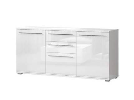 Comoda cu 3 usi si 2 sertare PIANO WHITE 180x85x45cm alb lucios, manere si picioare crom