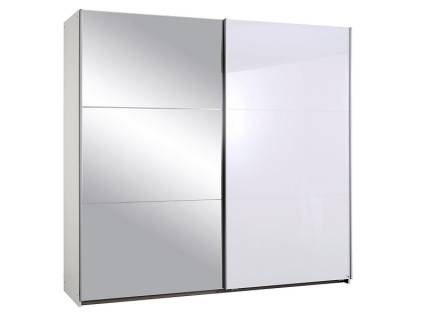 Dulap cu usi glisante HALLE 175x210x59cm alb alpin/alb lucios - oglinda, maner aluminiu