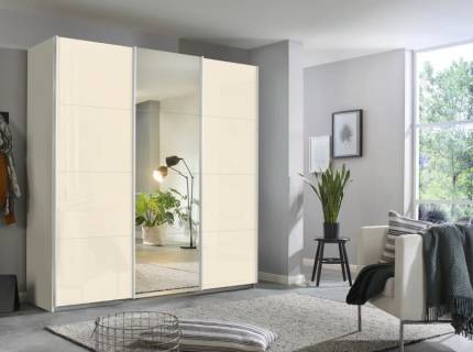 Dulap cu usi glisante KULMBACH 203x210x62cm alb alpin/ sticla champagne-oglinda configurabil