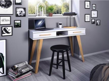 Birou cu 2 sertare si spatiu liber pentru depozitare CARLSSON 120x50x75cm alb alpin/ stejar