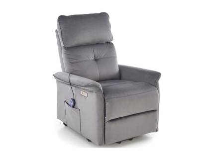 Fotoliu SEMIR 2 cu recliner electric, functie de masaj, port USB, buzunar pentru depozitare, confortabil, catifea grey 80x90xH108cm