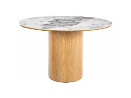 Masa RONDO PANDORO din MDF + ceramica Pandoro alb lucios, furnir natural nuc 120xH76cm