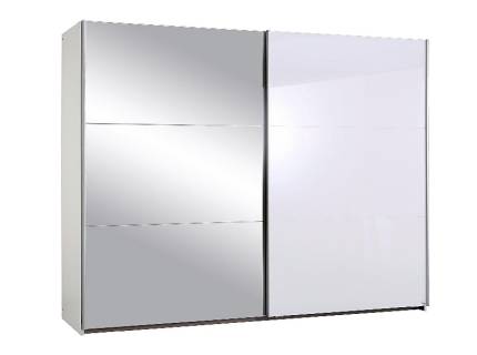 Dulap cu usi glisnate HALLE 218x210x59cm alb alpin/ alb lucios - oglinda, maner aluminiu