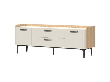 Comoda tv cu 2 usi si 2 sertare AIR 175x63x47cm Pepper White/ stejar Furneo - sticla cu model de marmura Calcatta Oro, cadru, picioare si manere Antracit