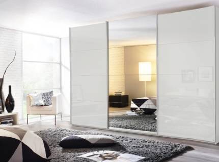 Dulap cu usi glisante KULMBACH 271x229x62cm alb alpin/ sticla alba-oglinda configurabil