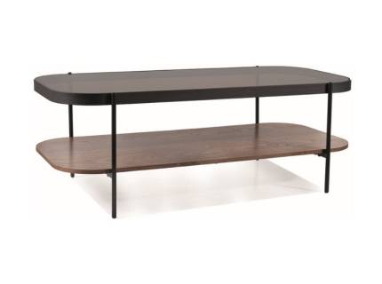 Masuta PRIMA A din sticla securizata chihlimbar, MDF + furnir natural nuc, metal negru 120x58xH43cm