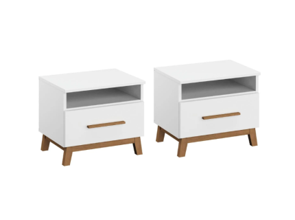Set 2 noptiere cu 1 sertar si spatiu liber CARLSSON 47x41x44cm alb alpin, picioare si manere stejar