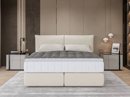 Pat tapitat LOU cu somiera si saltea UNIQUE BAMBOO inclusa 140/ 160/ 180cm minimalist, personalizabil 