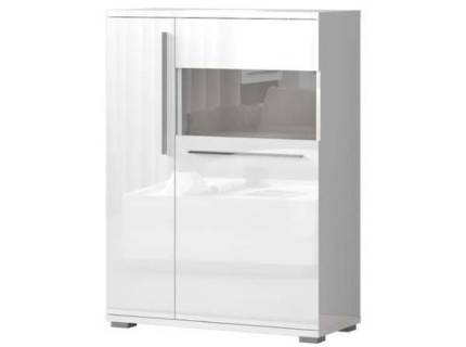 Vitrina lata cu 2 usi cu sticla PIANO WHITE 90x123x40cm alb lucios - sticla, manere si picioare crom