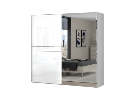 Dulap cu usi glisante PIANO WHITE 230x224x61cm alb lucios/ oglinda, manere crom