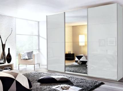 Dulap cu usi glisante KULMBACH 271x229x62cm alb alpin/ alb lucios - oglinda configurabil