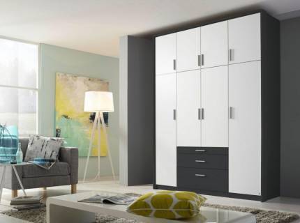 Dulap cu 8 usi cu balamale si 3 sertare HILDESHEIM EXTRA 181x229x54cm alb alpin/ gri metalic