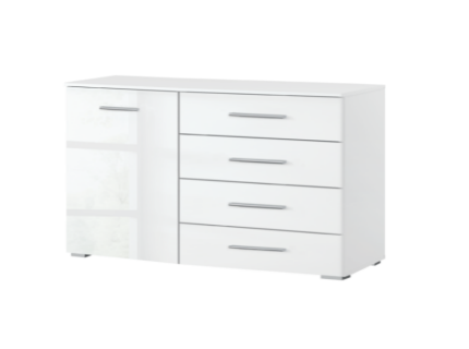 Comoda cu 1 usa si 4 sertare ADITIO 140x81x42cm alb alpin/ alb lucios, manere aluminiu