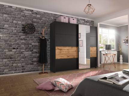 Dulap cu usi glisante BOSTON EXTRA 226x210x62cm gri metalic/ stejar - oglinda, maner gri metalic/ aluminiu