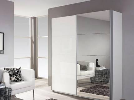 Dulap cu usi glisante MINOSA 181x197x48cm alb alpin/ oglinda, maner aluminiu