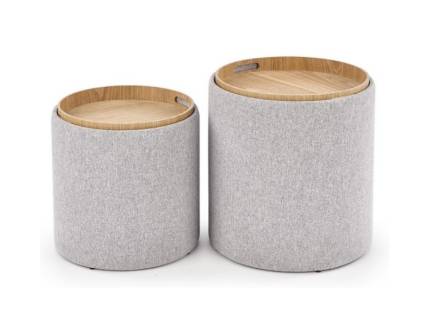 Set 2 tabureti AVIKO cu spatiu pentru depozitare, transformabil in masute, material textil gri 35xH39cm / 38xH45cm
