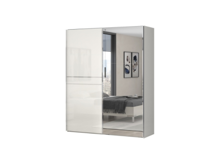 Dulap cu usi glisante PIANO BEIGE 182x224x61cm bej lucios/ oglinda, manere crom