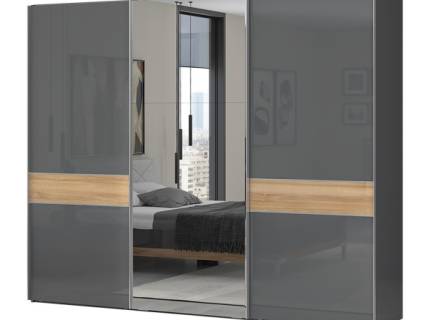 Dulap cu usi glisante ONYX 272x224x61cm antracit lucios/ nuc Pacific - oglinda, maner crom