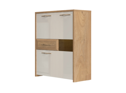 Vitrina lata cu 3 usi si 1 sertar GALA 96x115x41cm bej lucios/ nuc Pacific 