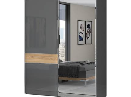 Dulap cu usi glisante ONYX 182x224x61cm antracit lucios/ nuc Pacific - oglinda, maner crom