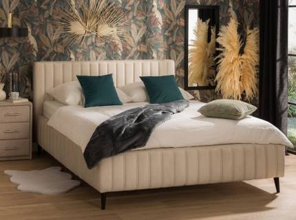 Pat tapitat cu somiera si spatiu pentru depozitare MAGGIE 140/ 160/ 180cm personalizabil, picioare negre/ nuanta lemnului