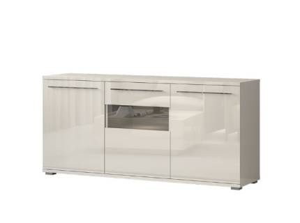 Comoda cu 3 usi cu sticla PIANO BEIGE 180x85x45cm bej lucios - sticla, manere si picioare crom