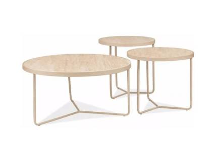 Set 3 masute DEMETER KASMIR din travertin caramic bej + metal casmir 80xH40cm / 50xH50cm / 50xH45cm 