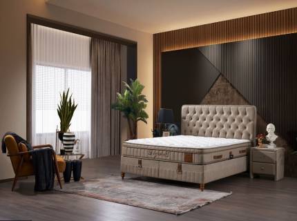 Pat tapitat cu saltea si spatiu pentru depozitare BEGONVIL (140x200cm) cappuccino