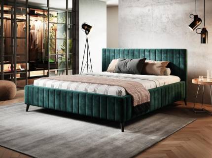 Cadru pat tapitat MAGGIE SR 140/ 160/ 180cm personalizabil, picioare negre / nuanta lemnului