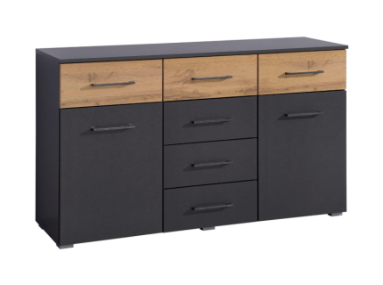 Comoda cu 2 usi si 6 sertare BOSTON EXTRA 140x81x42cm gri metalic/ stejar 