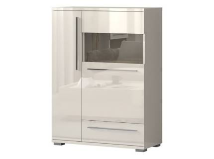 Vitrina lata cu 2 usi cu sticla si 1 sertar PIANO BEIGE 90x123x40cm bej lucios - sticla, manere si picioare crom