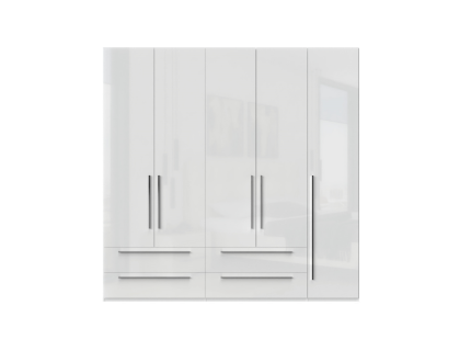 Dulap cu 5 usi si 4 sertare PIANO WHITE 227x224x56cm alb lucios, maner crom