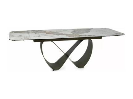 Masa extensibila INFINITY CERAMIC PANDORO din sticla securizata si ceramica Pandoro alb lucios, metal cupru 160-240x95xH76cm 