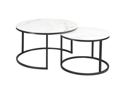 Set 2 masute ATLANTA C din sticla cu efect de marmura alba, metal negru 60xH42cm / 80xH45cm