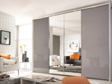 Dulap cu usi glisante SYNCRONO 316x230x62cm sticla fango/ oglinda, maner aluminiu