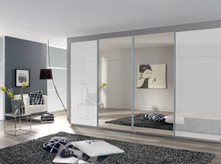 Dulap cu usi glisante SYNCRONO 361x230x62cm alb alpin/ sticla alba - oglinda configurabil